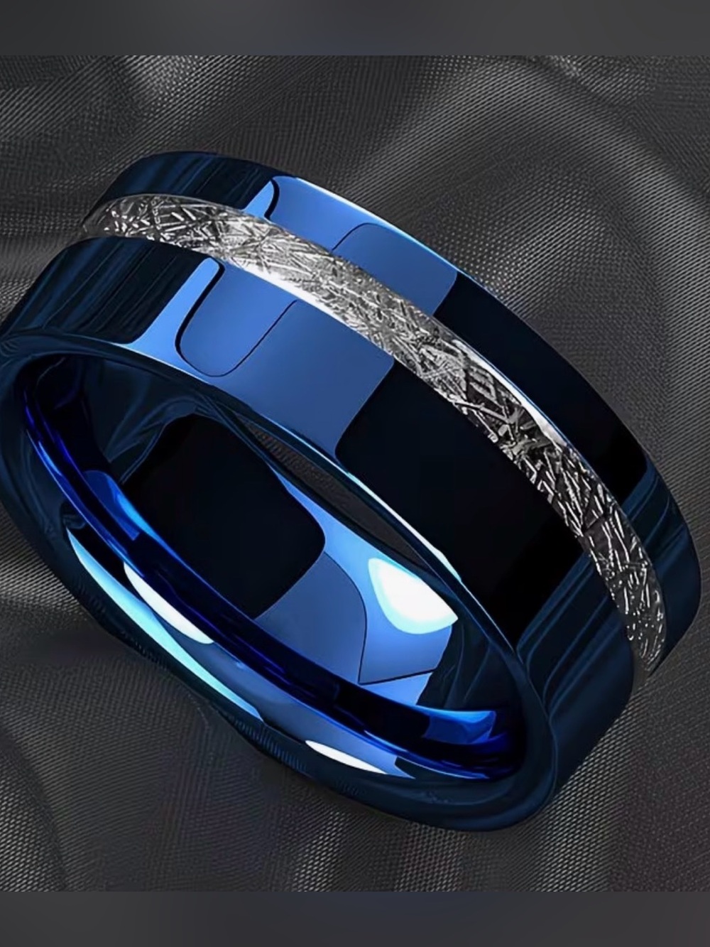 Men's 304 Stainless Steel Blue Wedding Band Ring with Textured Silver Inlay